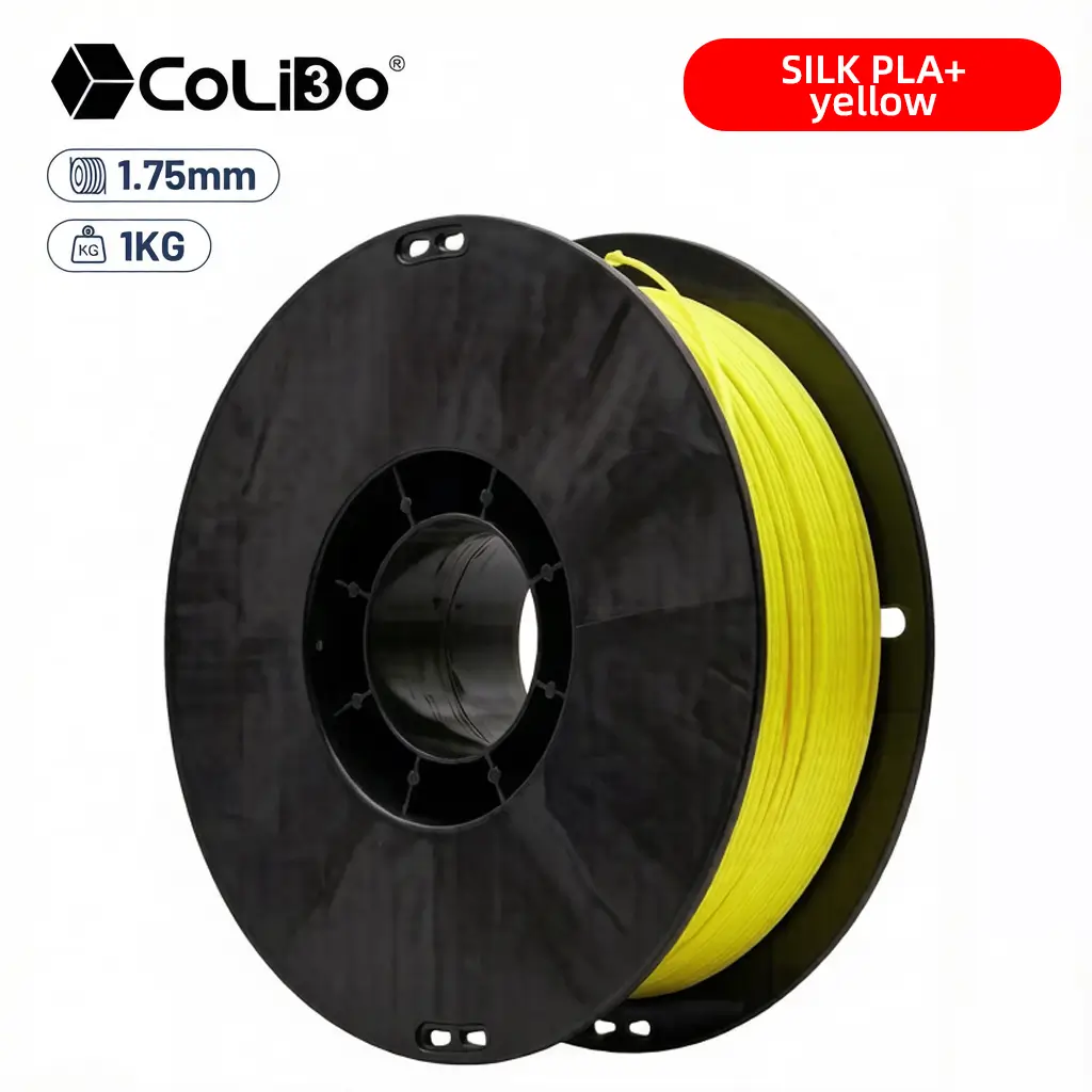 PLA-Silk-Amarillo Filamento PLA Silk Amarillo 1 Kg 1.75mm carrete completo sobre fondo blanco